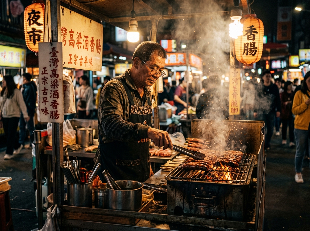 台湾烤香肠传统手艺师父夜市炭火翻烤